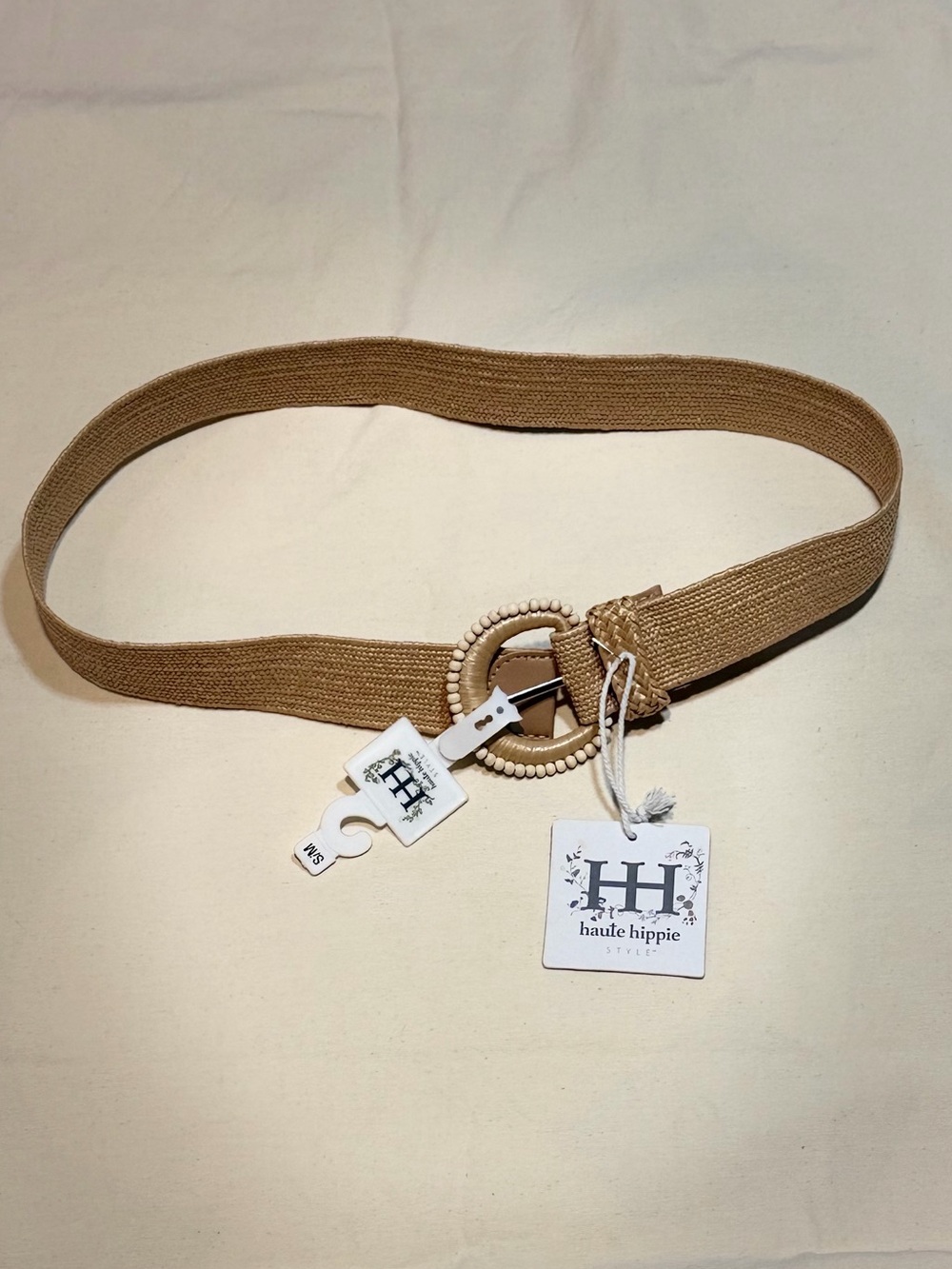 Haute Hippie Tan Woven Stretch Belt with Beaded Round Buckle